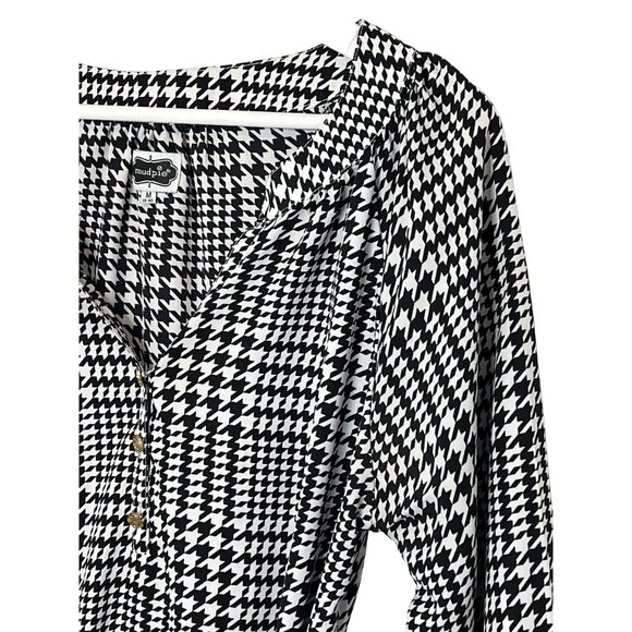 Mud Pie Houndstooth Plaid Long Sleeve Belted Dress Black Medium - Picture 7 of 10